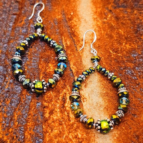 Dichroic Glass Crystal Bead Sterling Teardrop Artisan Earrings - Picture 3 of 10